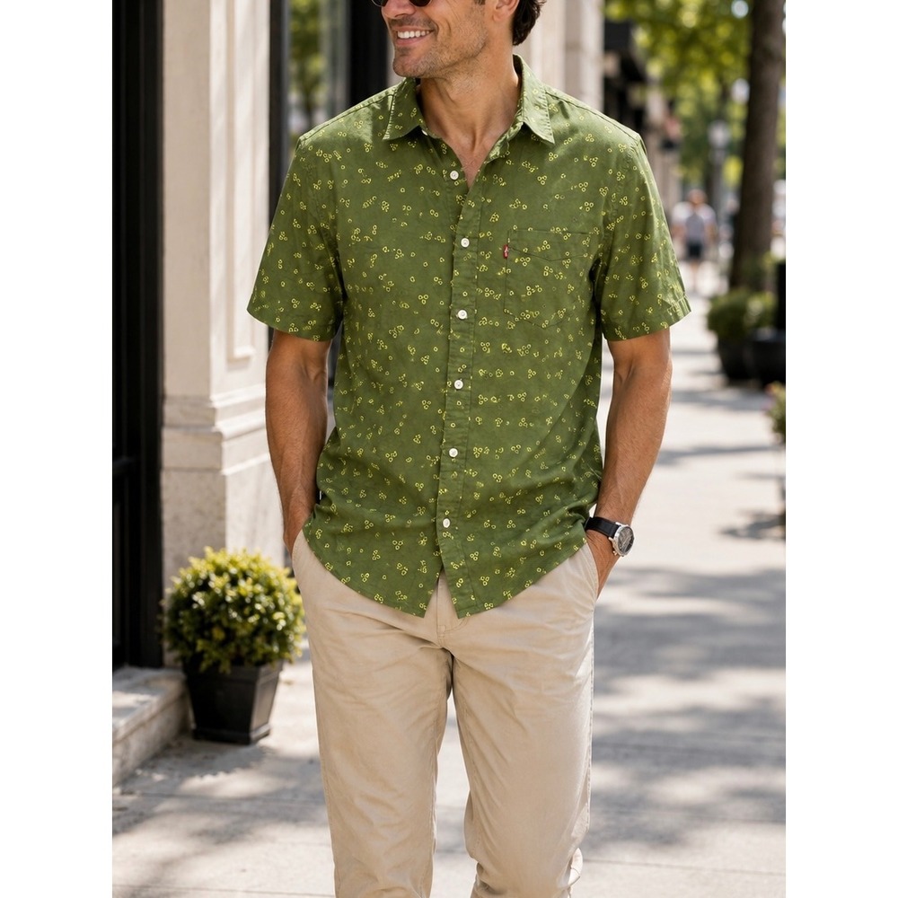Levis Mens XL Short Sleeve Button Down Shirt Olive Green Yellow Floral Print